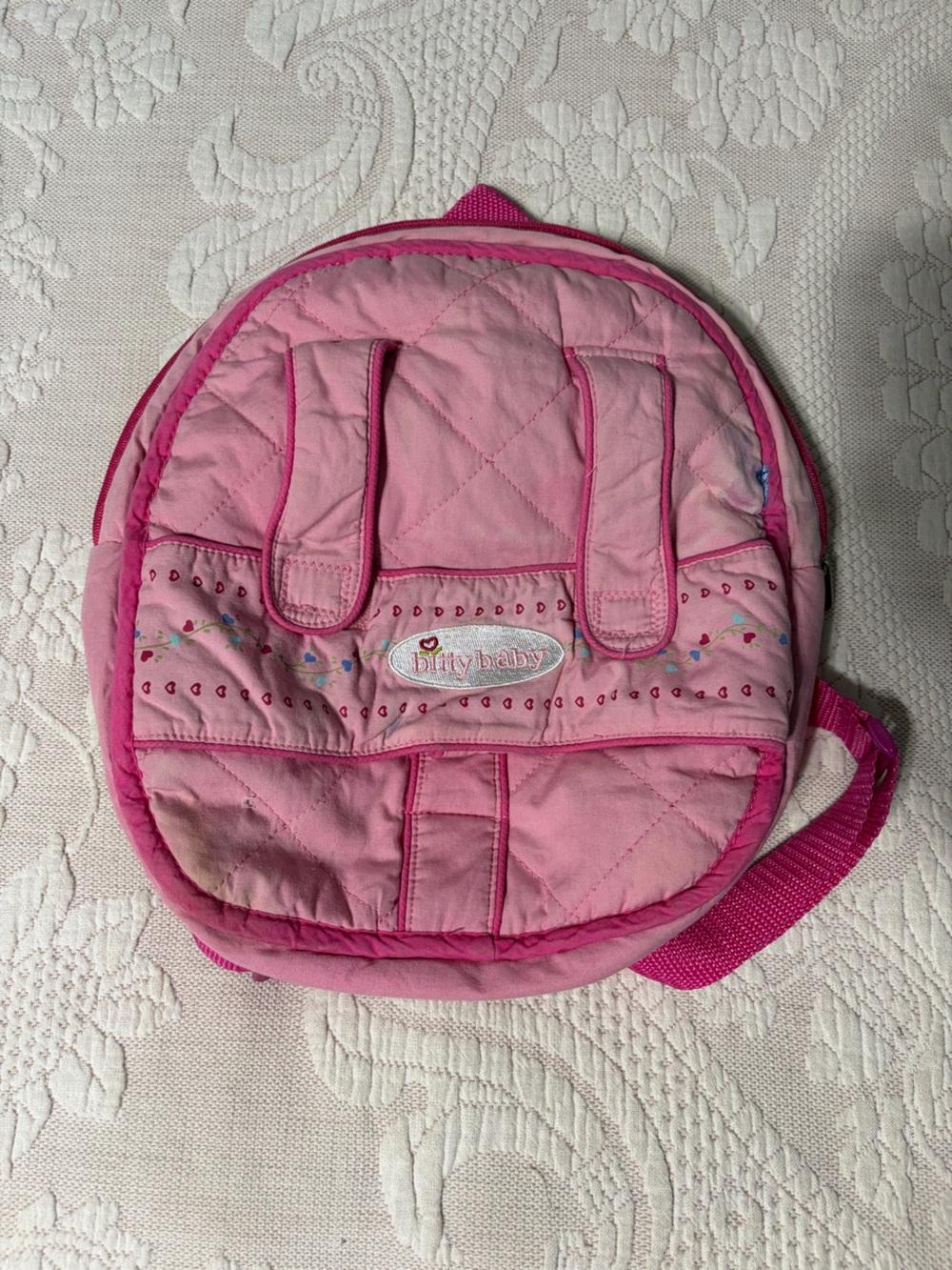 American Girl Bitty Baby Pink Quilted Kids Backpack WELL LOVED but functional